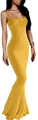 VIUTIL Dam maxi bodycon-klänning sexig spagettirem ärmlös tight slip långa klänningar 2023, Senapsgul, XS