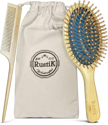 RustiK Bamboo Hair Brush Set for Women & Men – Oval Detangling Hairbrush with Wooden Pin Tail Comb & Cotton Travel Bag – Anti Static Wooden Brush for Wet & Dry Hair