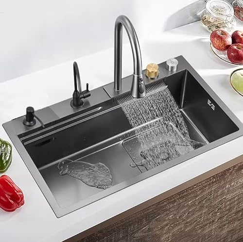 HGTRH Fregadero Cocina 1 Seno sobre Encimera, Fregadero Negro 1 Seno y Escurridor, Fregadero Bajo Encimera Negro INOX, Fregadero Bajo Encimera INOX Brillo con Grifo de Cascada y Tabla de Cortar