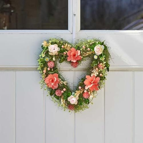 Garden Mile Artificial Flower Wreath Large Hanging Spring Summer Door Wreath Outdoor Garden Decoration Indoor Garland with Fake Flowers Heart Shaped Welcome Door Wreath
