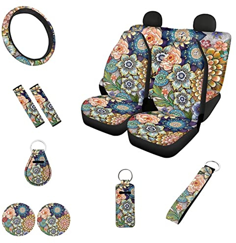 Belidome Autositzbezug-Set mit hellen Blüten, bunter Boho-Blumendruck, Sicherheitsgurtpolster, Lenkradschutz, Untersetzer, Schlüsselanhänger, Chapstick-Halter, 12 Stück, Boho Floral, Einheitsgröße