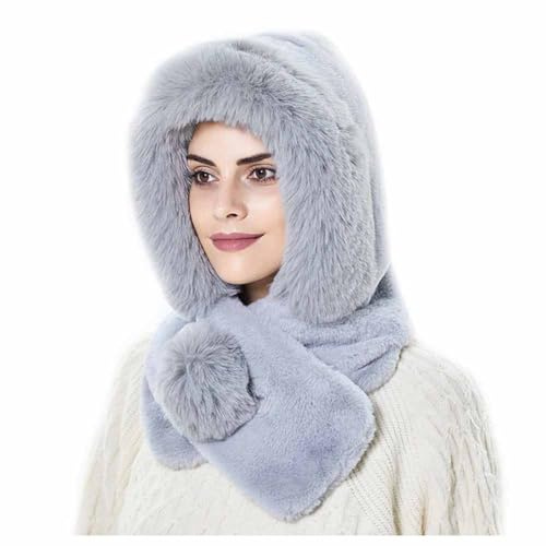 SHTGOI Kunstfell Kapuzenschal 2 in 1 Wintermütze Schal Set Pelzmütze und Loop Schal mit Plüschkugeln Winddicht Ohrenklappen mit Ohrschal Thermal Schalmütze für Damen Cycling Skifahren Grau