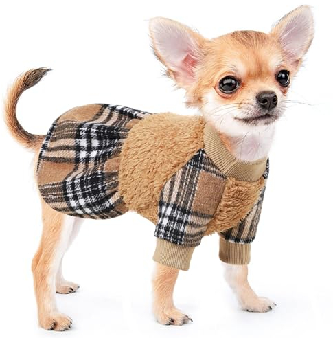 Fall Winter Dog Dress Christmas Clothes, Warm Fleece Dog Sweater Dress for Small Dogs Girl Boy Princess Plaid Dresses, Chihuahua Yorkie Teacup Pet Festival Outfits Apparel Clothing, Medium, Khaki
