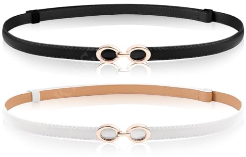 EIOKBECY 2 Stück Skinny Ledergürtel für Damen Verstellbarer dünner Gürtel Schmaler Taillengürtel mit Gold metallschnalle für Kleider und Mantel