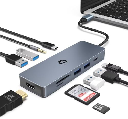 OOTDAY Hub USB C, multipuerto 10 en 1 USB C para MacBook Pro/Air, Chromebook, Thinkpad, portátil y más Dispositivos Tipo C, USB C Hub LAN con Salida HDMI 4K, Lector de Tarjetas TF