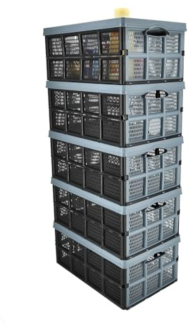 Caisse pliante écologique d'une capacité de 32 litres, fabriquée à partir de plastique recyclé - Boîte pliante bleue avec deux poignées - Lot de 5