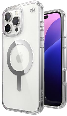 Speck Presidio MagSafe Schutzhülle für iPhone 16 Pro Max, transparent/chromfarben