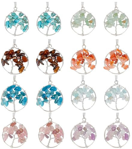 PH PandaHall 16pcs 8 Styles Tree of Life Pendant Natural Stone Pendant Colorful Gemstone Charms Round Crystal Charms Pendant for DIY Necklace Earring Christmas Thanksgiving Birthday Jewellery Making