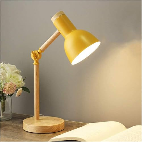 Lampe de table de chevet, lampe de bureau en bois moderne avec abat-jour en métal Lampe de chevet réglable pour bureau, salle d'étude, chambre à coucher, salon, chambre d'enfant, lecture,Jaune