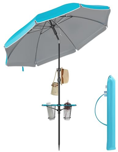 SONGMICS Sombrilla 200 cm, Sombrilla de Playa, Protección Solar UPF 50+, Plegable por Ambos Lados 30°, Estante, Regulable en Altura, Gancho, para Playa, Jardín, sin Soporte, Azul GPU0082Q01
