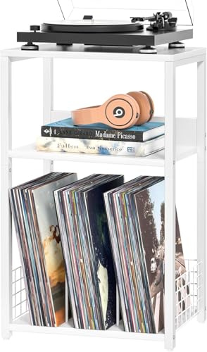LELELINKY Support de disques vinyles à 3 étages - Vintage - En vinyle - Avec espace de rangement pour jusqu'à 100 albums - Pour salon et bureau (White)