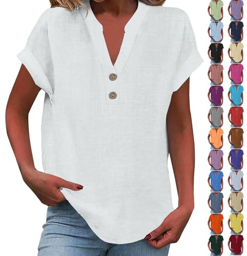 Shirt Sommer Damen Leicht Kurzarm V-Ausschnitt Knopf Lässige T-Shirts Bluse Casual Lose Tunika Tops Sommerblusen Locker Basic Pullover Oberteile Für Frauen