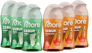 MORE Zerup, mixed 6er Mocktail Bundle, 6 x 65 ml, Mojito & Moreperello, für bis zu 48 l Fertiggetränk, zuckerfreier Sirup mit echten Fruchtextrakten, zero Kalorien - made in Germany