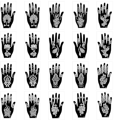 20 Blatt Temporäre Tattoo Schablonen Kunststoff Schablonens Set Tattoos Hand Temporäre Tattoo Sticker Hände Schablonen Indische Arabische Tattoos für Frauen Mädchen Teens Body Art Paint