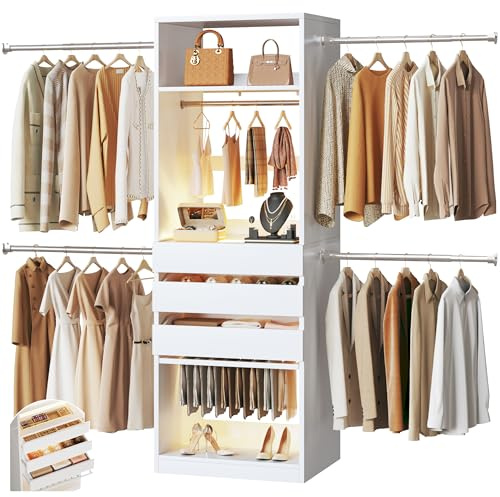 Closet System, 4-8FT Closet Organizer with 3 Wood Drawers & Glass Top, 102'' Walk in Closet with 5 Hang Rods & LED Lights & Trouser Rack, Built-in Wardrobe Clothes Rack with Shelves and Tower, White