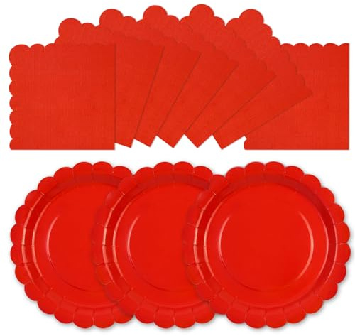 HFBOBP 50 Pezzi Piatti e Tovaglioli di Carta Rossi, Piatti da Dessert e Tovaglioli da 7 Pollici Smerlati, Set di Stoviglie Monouso per Laurea Festa di Compleanno Matrimonio Baby Shower Natale