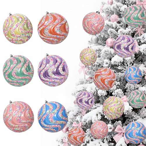 Lanpn 6 STK 10cm Große Pastell Weihnachtskugeln für Draußen, Grosse Weihnachtsbaumkugeln Aussen, XXL Christbaumkugeln Outdoor, Riesen Macaron Tannenbaum Kugel Weihnachtsdeko Christbaum-Schmuck