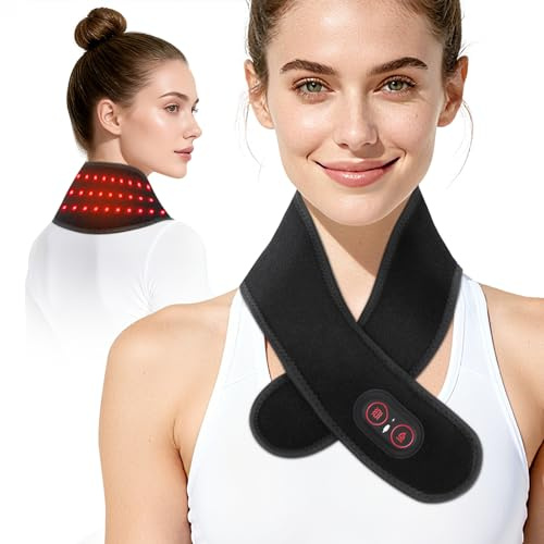 ROMYSE Neck Heating Pad with Massage, Heating Neck Wrap with 660nm 850nm Red Light, with 3000mAh Rechargeable, 3 Levels Heat & 3 Vibration Modes, Electric Nape Heating Pad for Soreness Stiffness