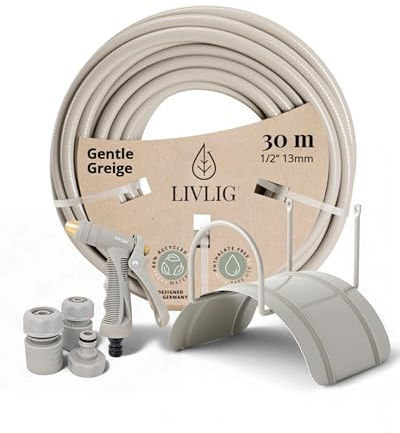 LIVLIG Trädgårdsslang-set 30 m, 1/2 tums vattenslang med väggfäste och spraypistol (3 sprayfunktioner), bevattningsslang inklusive kopplingar, färg: Grepp
