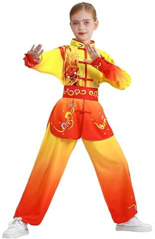Mufeng Wushu traditionell barnpojke flicka uniform Tai Chi kampsport outfit kung fu kinesisk festival, En röd gul, 4-5 ans