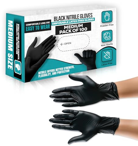 AIBULO 100 Black Nitrile Gloves Medium | Disposable Latex-Free, Powder-Free Gloves for Cleaning, Cooking, Tattoo, Salon, Mechanics & Home Use | Durable, Textured Grip