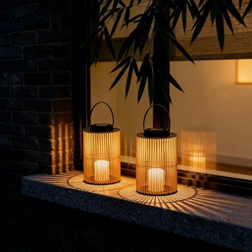 Solarlaterne für Außen 2er-Set, Boho Solarlampen für außen mit Rattan Optik für Garten, Balkon & Terrasse, Automatisches Ein- und Ausschalten，Wasserfest