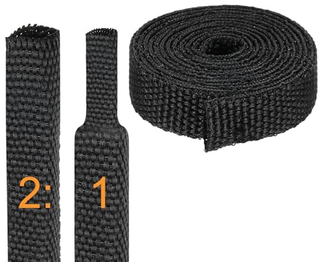 sourcing map 2:1 Ratio Heat Shrink Braided Sleeve 6mm ID 1 Meter, Black | Automotive Wire Loom, Braided Cable Sleeves, Fabric Woven Shrinkable Tubing Protection, for Harness Cable Sheath Hose Wire