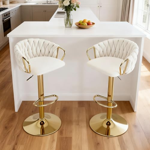 Relbiety Barhocker 2er Set Samt höhenverstellbar, 360° drehbar Barstuhl mit geflochtener Rückenlehne goldene Metallfüße, Küchenhocker für Bar Theke Bistro,Cremeweiß