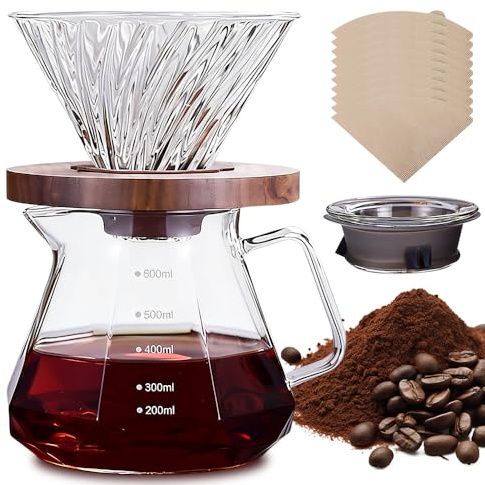 Rppiup 600ML Pour Over Coffee Maker, Borosilicate Glass Carafe with coffee Dripper, Walnut Collar Base & 100pcs Size 02 Paper Filter, Clear Drip Coffee Maker for Home Café Camping (Hold 3 Cups)