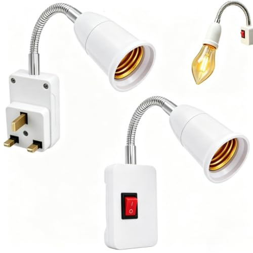 2 Pack E27 Lamp Holder Socket UK Plug in Light Adapter with Switch, 360° Rotatable E27 Screw Bulb Extension Base Plug Light Fitting for Bedroom Cupboard Hallway Garage Table Lamp Fittings (White)