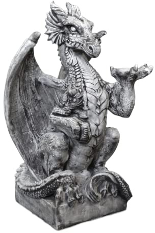 gartendekoparadies.de Drache auf Sockel, Steinfigur, H. 79 cm, 75 kg, Grau, frostsicher aus Steinguss für Außenbereich