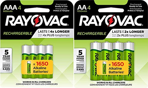 Rechargeable 4 AA 1350mAh and 4 AAA 600mAh NiMH Batteries with Battery Storage Container.