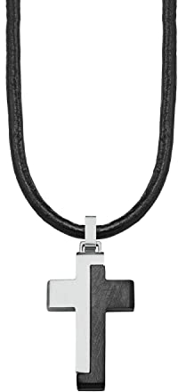 s.Oliver Kette mit Kreuzanhänger für Jungs, Anhänger: Edelstahl, Kette: Echtes Leder, Silber/Schwarz, IP Schwarz