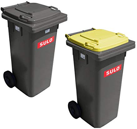 SULO Lote de 2 Cubos de Basura 2 Ruedas, contenedores 120 L Gris con Cubiertas Gris e Amarillo (22068+22149)