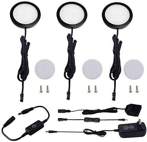 AIBOO Under Cabinet LED Black Cover Puck Lighting Kit with Touch Dimmer Switch for Kitchen Cupboard Closet Lighting (3 Lights,Warm White)