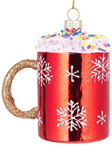 BRUBAKER Weihnachtstasse mit Streuseln - Handbemalte Weihnachtskugel | Mundgeblasener Christbaumschmuck aus Glas - Figuren lustig Deko Anhänger Baumkugel - ca. 9 cm