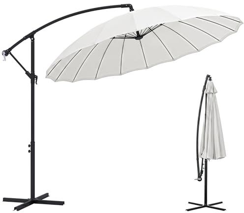 Outsunny 3(m) Cantilever Shanghai Parasol Garden Hanging Banana Sun Umbrella with Tilt and 360° Rotation, Crank Handle, 18 Sturdy Ribs and Cross Base, White