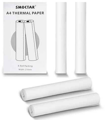 SMOCTAR Papier Thermique A4 (4 rouleaux), Papier Imprimante Thermique, Rouleau Imprimante Thermique pour imprimante thermique A4, Séchage Rapide, Sans BPA, 210 x 297mm