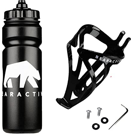Bearactive Bike Bottle Holder with Bike Bottle 750ml - BPA Free Leak Proof Bicycle Squeeze Bottle with Valve Lid – Lightweight Plastic Bottle Cages with Screws for Road & Mountain Bikes Black 1 Pack