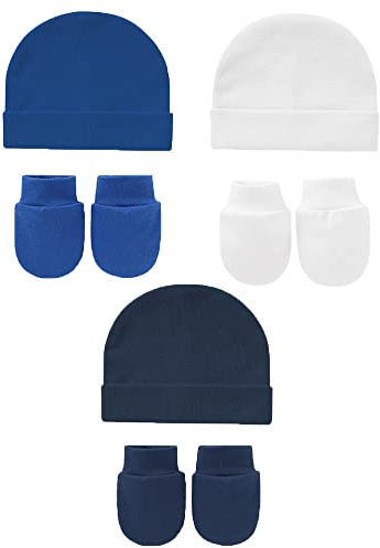 Snegyu Gorro de hospital de algodón para recién nacidos y guantes antiarañazos, juego de 0-3 meses para recién nacidos, niños y niñas, capó, gorros y guantes para bebés