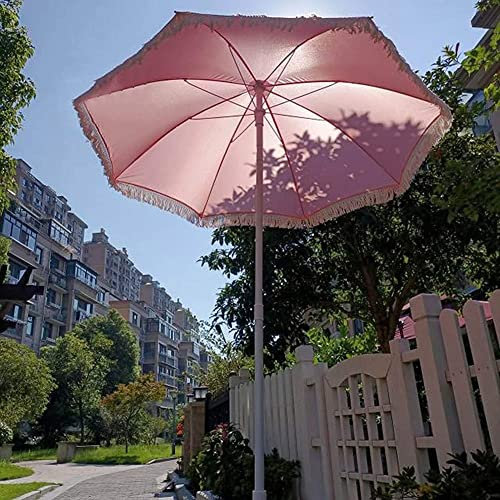 Ø200cm Parasol de Plage d'extérieur Rond Parasol de Jardin, Parasol Portable avec Glands, Bouton Poussoir Inclinable, Parasol pour Patio Cour Piscine(Rose)