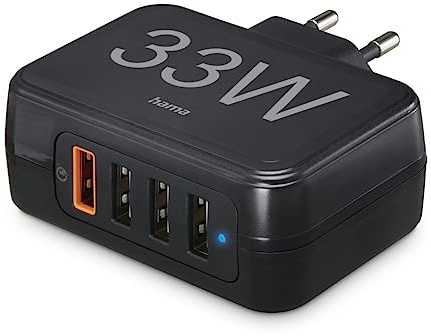 Hama 4-Fach USB-Ladegerät mehrfach USB-A 33 W (USB-Schnellladegerät Qualcomm® Quick Charge™ 3.0, USB-Adapter Steckdose, 4 Port Ladegerät für iPhone u.v.m., Handy-Ladestation mehrere Geräte) schwarz