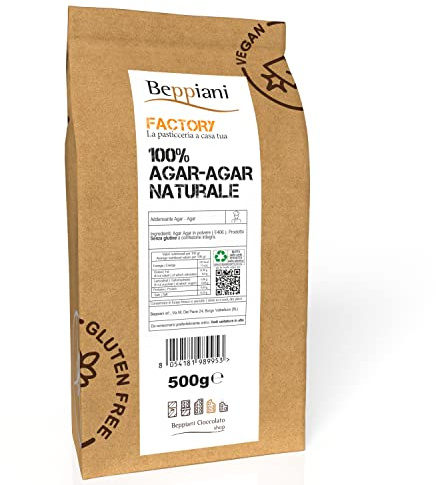 Agar Agar in polvere 500g Beppiani Factory, gelificante, addensante naturale professionale per dolci, gelatina caramelle gommose, cucina molecolare, vegana, ipocalorica, gluten free -con ricettario