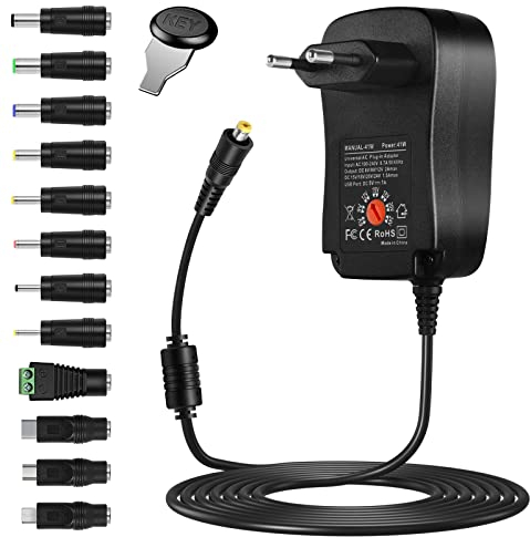AXFEE 41W Adaptador Universal de CA/CC, Adaptador Enchufe Universal, 6V 9V 12V 15V 18V 20V 24V, con 12 Puntas de Adaptador, para El hogar, Electrónica, Cámara Web, Portátil, Monitor LCD - 2A máx