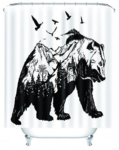 Whoiy Duschvorhang 180X180 Schwarz Weiß, Duschrollo Um Die Ecke Polyester Badegardinen Schneeberg Tragen für Outdoor Hotel