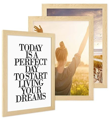 PHOTOLINI Bilderrahmen 30x40 Holz MDF Natur 3er Set, breite Rahmen 30x40 Holz MDF mit Acrylglas, picture frame 30 x 40 zum Aufhängen, Bilderrahmen 40x30 cm plus Zubehör - Fotorahmen Wanddekoration
