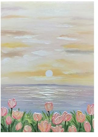 Ölbilder Auf Leinwand Handgemalt, Moderne Abstrakte Rosa Tulpenblütenstrauch-Sonnenaufgangslandschaft Am Meer,Rahmenlose Ölgemälde Auf Leinwand,Wandkunst Für Wohnzimmer,Schlafzimmer,Büro,Heim