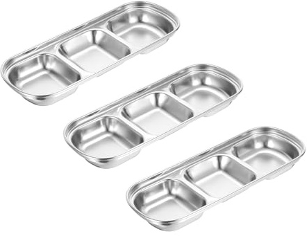 QUARKZMAN 3 Paquete Inoxidable Acero Salsa Plato Mojar Tazones Plata | Metal Condimento Plato Mojar Tazón, con 3 Compartimento Dividido, para Servir Aperitivos Aperitivos Salsa o Aderezo