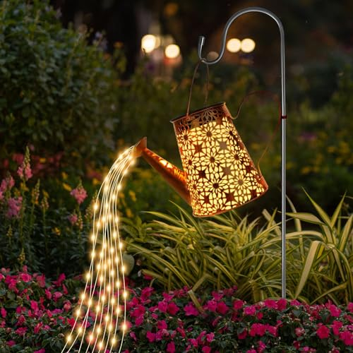 Solar Gießkanne mit Lichterkette Gartendeko, LED Vintage Gießkannenlicht Lichter mit Schäferhaken, IP65 Wasserdicht Solar Gießkanne für Gartendek Hof Gehweg Terrasse Balkon (Warme Farben)