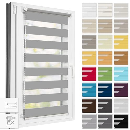 Estika Doppelrollo Klemmfix ohne Bohren, Breite alle 1 cm - 130 cm x 150 cm - Grau - Tag und Nacht Duo Rollo, Rollos für Fenster ohne Bohren, Fenster Sichtschutz
